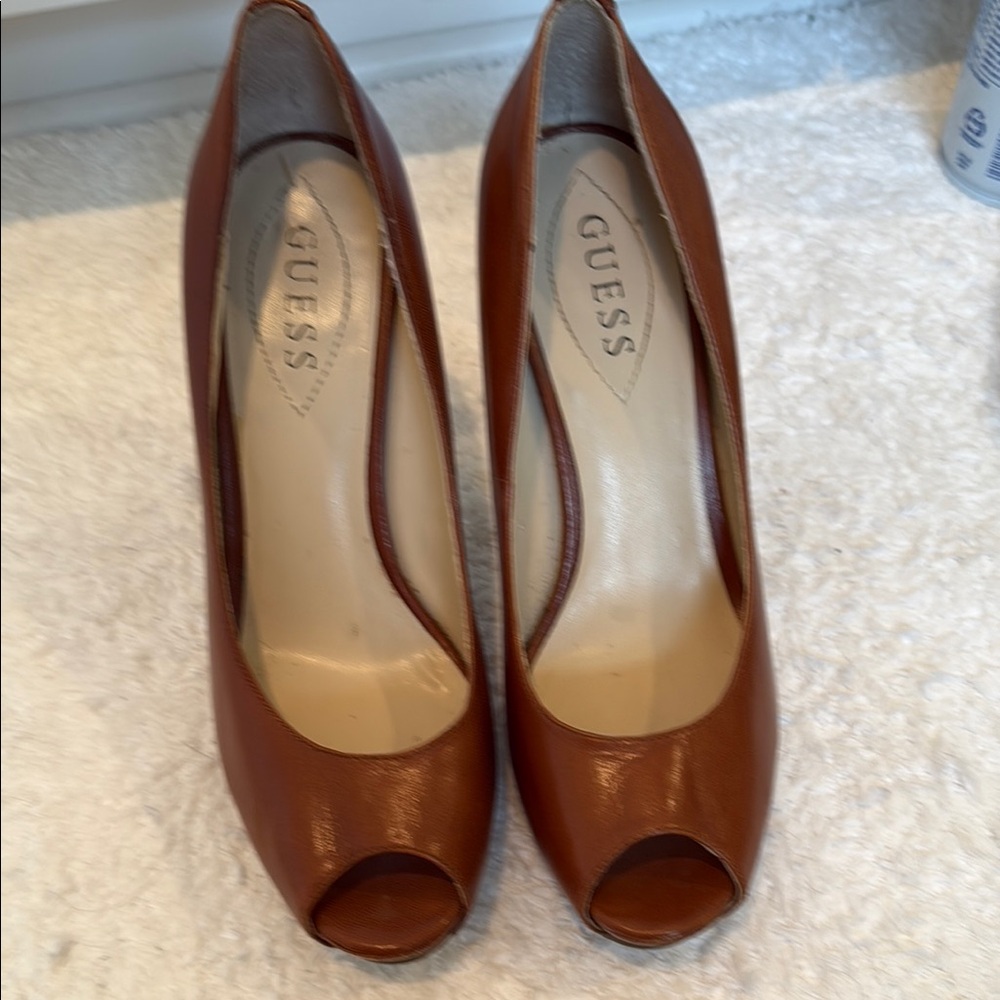 Guess Brown Leather Heels with Peep Toe Design